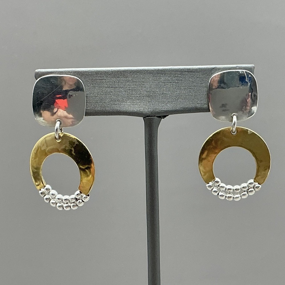 Marjorie Baer Earrings Silver Gold Tone Round Dangle Drop Womens Jewelry 1.5"